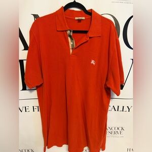 Burberry Men’s Polo Shirt Orange Cotton Check Placket Short Sleeve